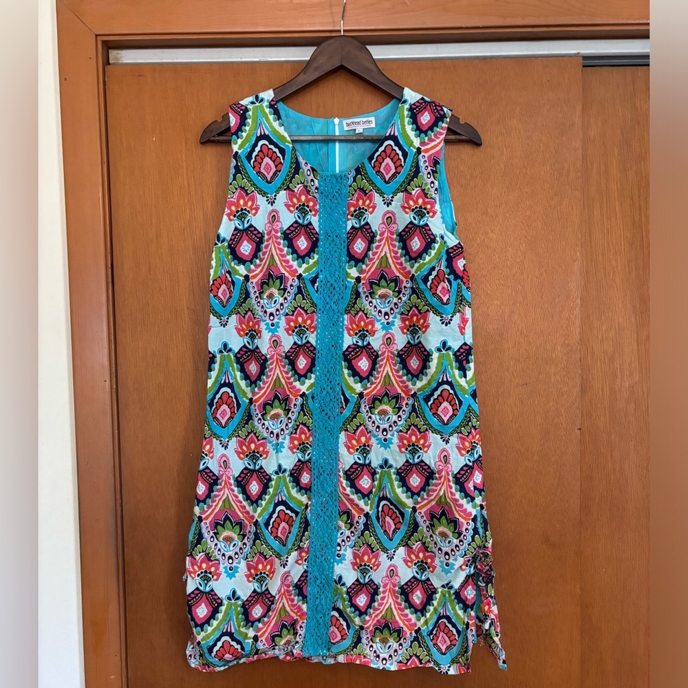 Buckhead Betties Womens Large Blue Paisley Cotton Sleeveless Crochet Shift Dress